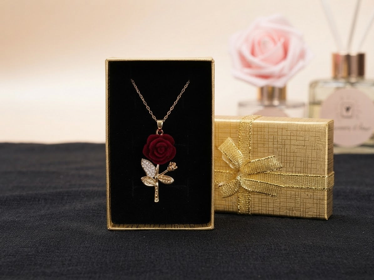 Collier rose rouge (plaqué or 18K)