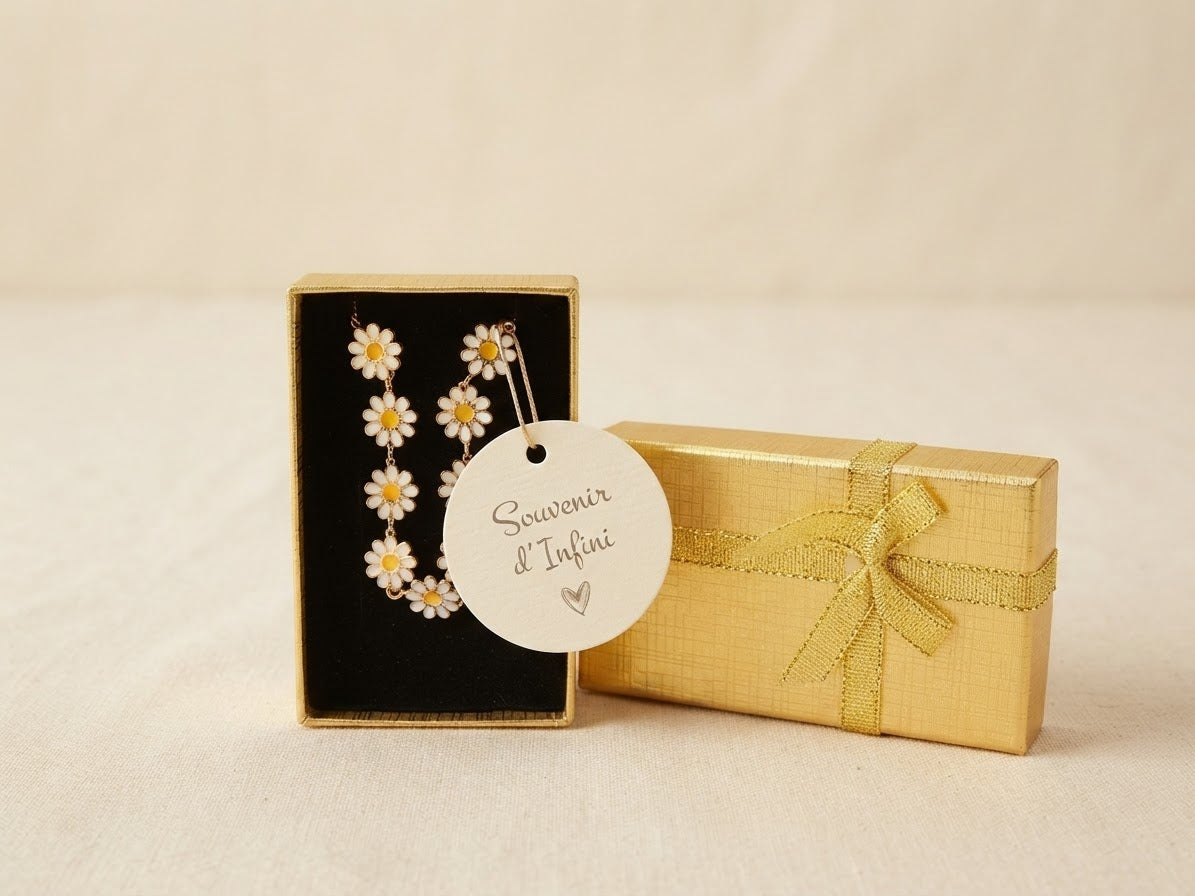 Collier marguerites dorées – Souvenir Infini  (acier inoxydable plaqué or)